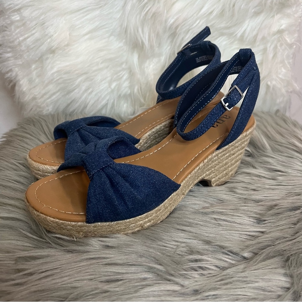 Cute Denim Bow Wedge Chunky Heel Sandals with ankle buckle